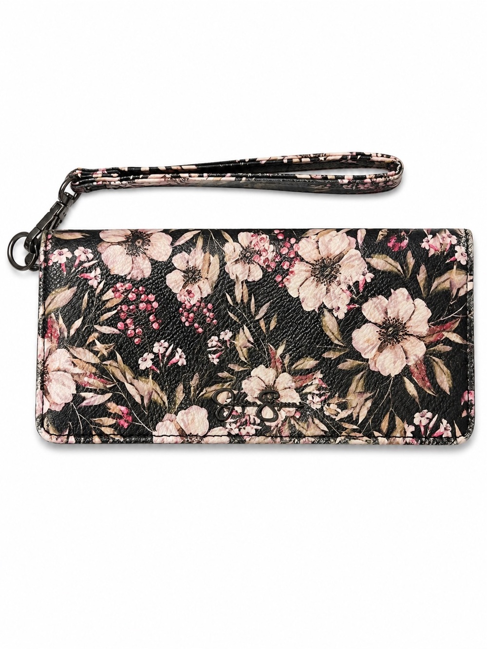 Jessica Simpson Floral Wristlet Wallet Clutch Black Pink Floral Print Wristlet